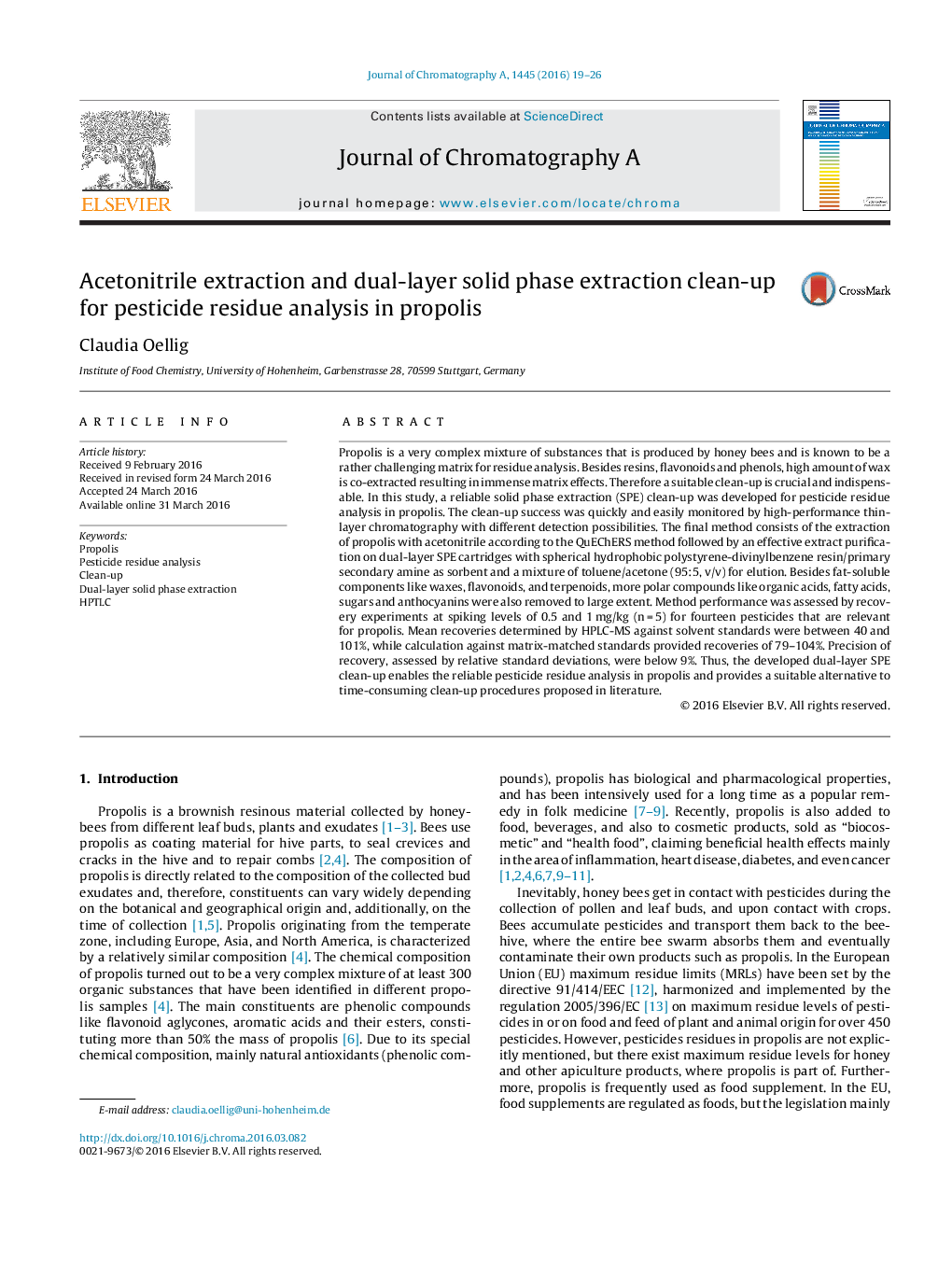 Acetonitrile extraction and dual-layer solid phase extraction clean-up for pesticide residue analysis in propolis