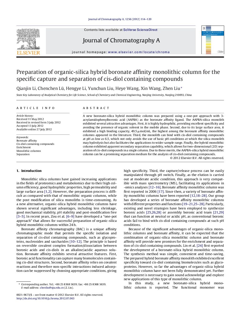 Preparation of organic-silica hybrid boronate affinity monolithic column for the specific capture and separation of cis-diol containing compounds