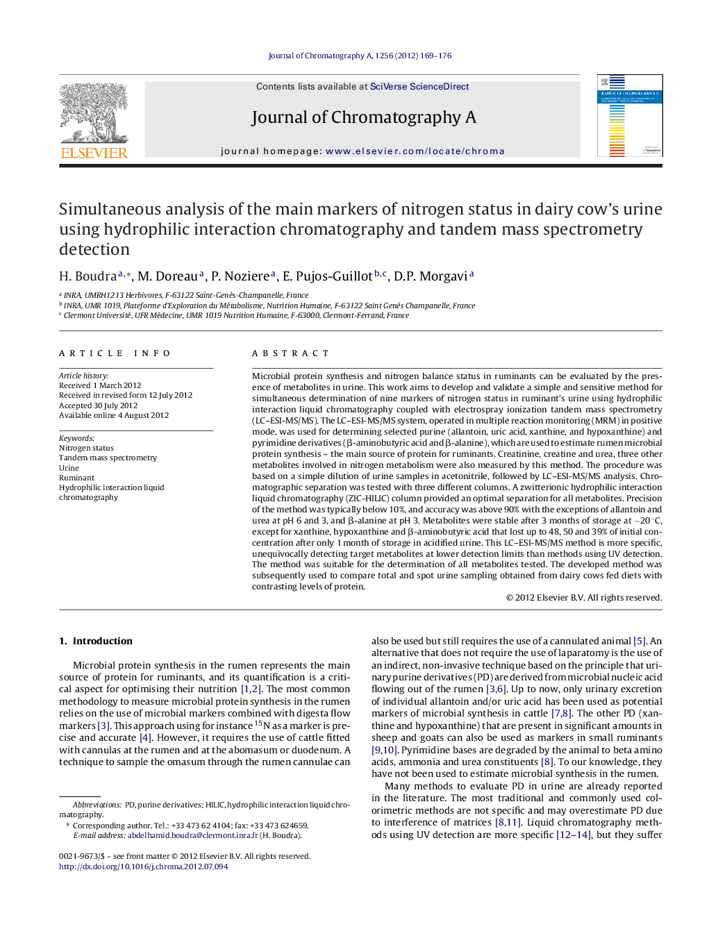 Simultaneous analysis of the main markers of nitrogen status in dairy cow's urine using hydrophilic interaction chromatography and tandem mass spectrometry detection