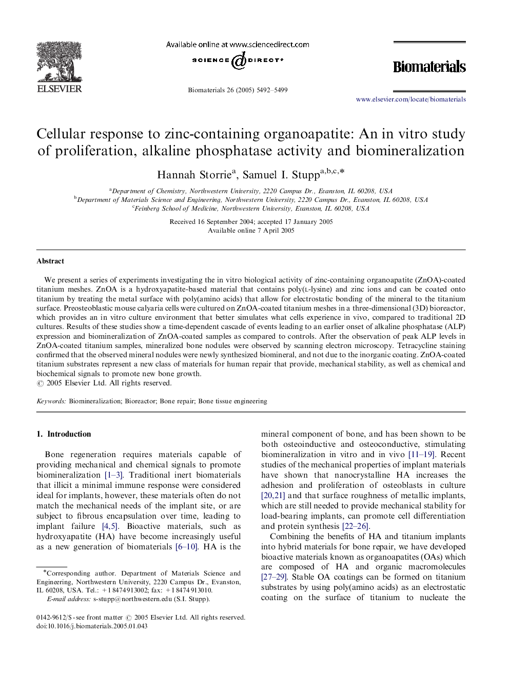 Cellular response to zinc-containing organoapatite: An in vitro study of proliferation, alkaline phosphatase activity and biomineralization