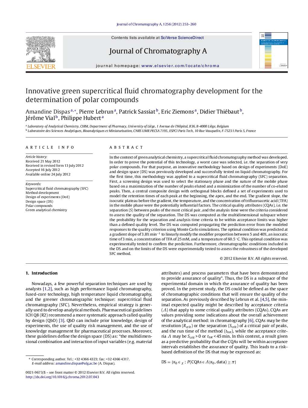 Innovative green supercritical fluid chromatography development for the determination of polar compounds