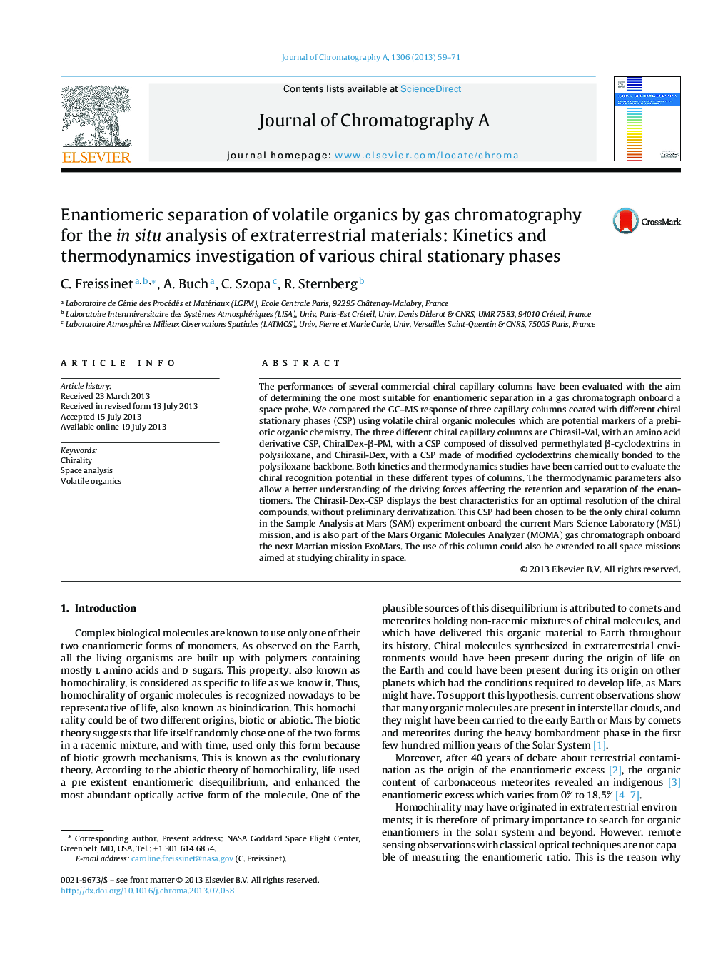 Enantiomeric separation of volatile organics by gas chromatography for the in situ analysis of extraterrestrial materials: Kinetics and thermodynamics investigation of various chiral stationary phases