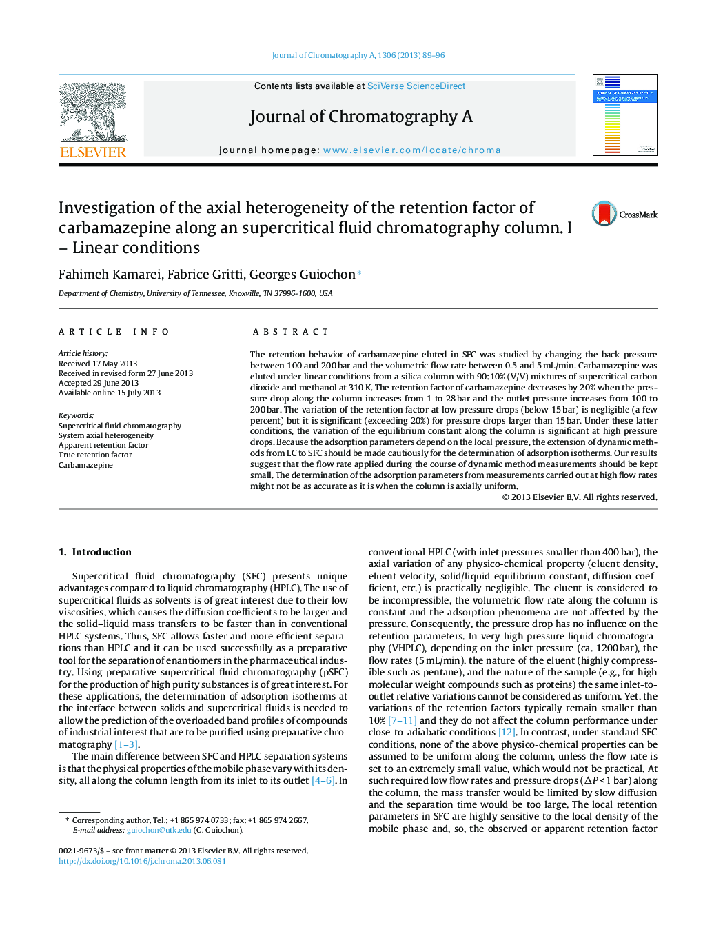 Investigation of the axial heterogeneity of the retention factor of carbamazepine along an supercritical fluid chromatography column. I – Linear conditions