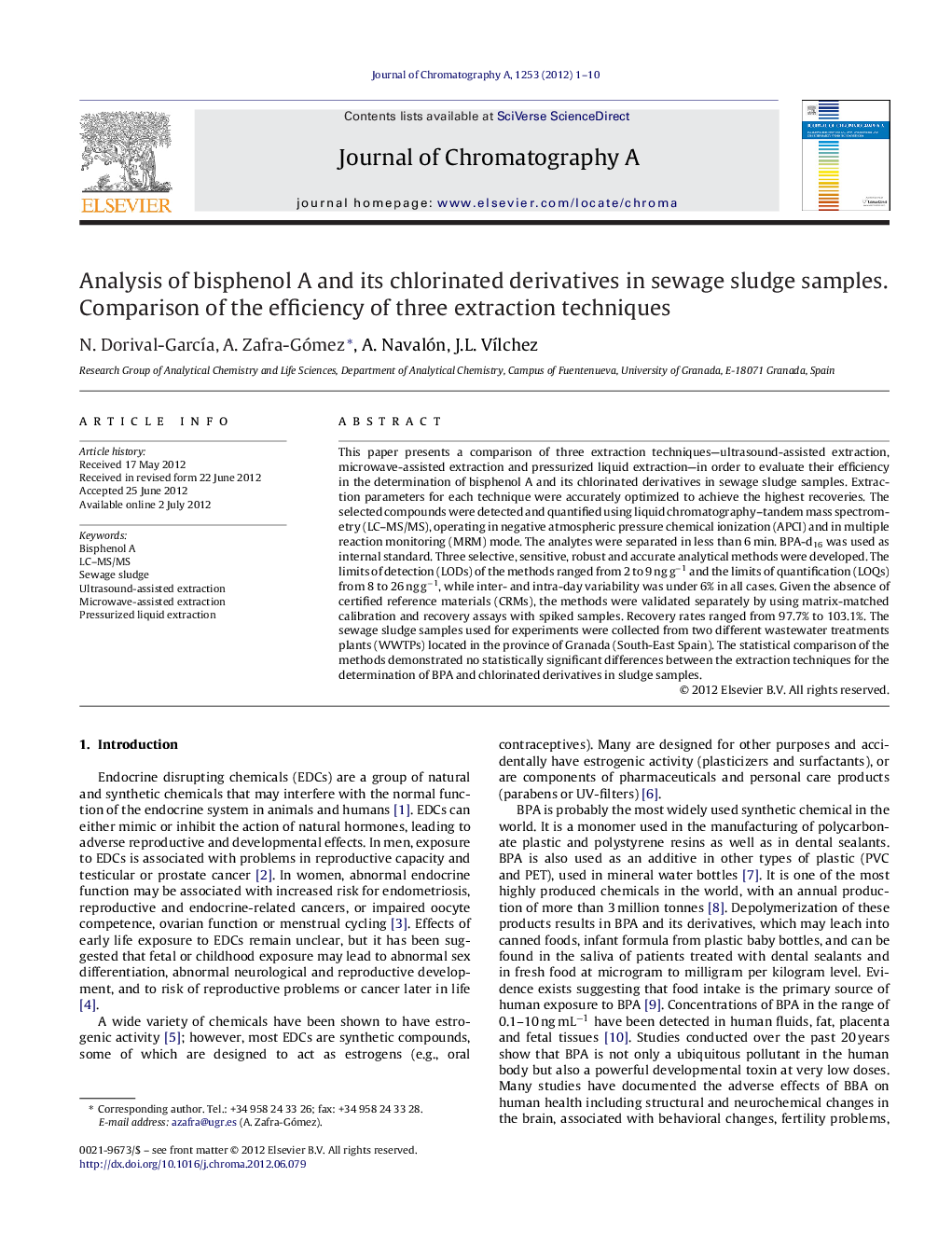 Analysis of bisphenol A and its chlorinated derivatives in sewage sludge samples. Comparison of the efficiency of three extraction techniques