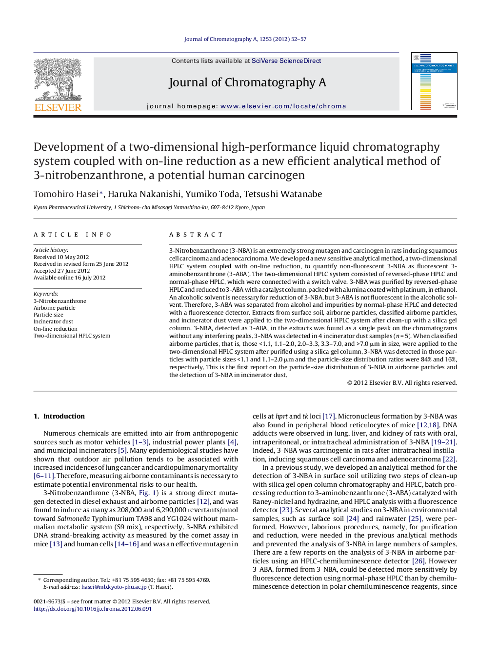 Development of a two-dimensional high-performance liquid chromatography system coupled with on-line reduction as a new efficient analytical method of 3-nitrobenzanthrone, a potential human carcinogen