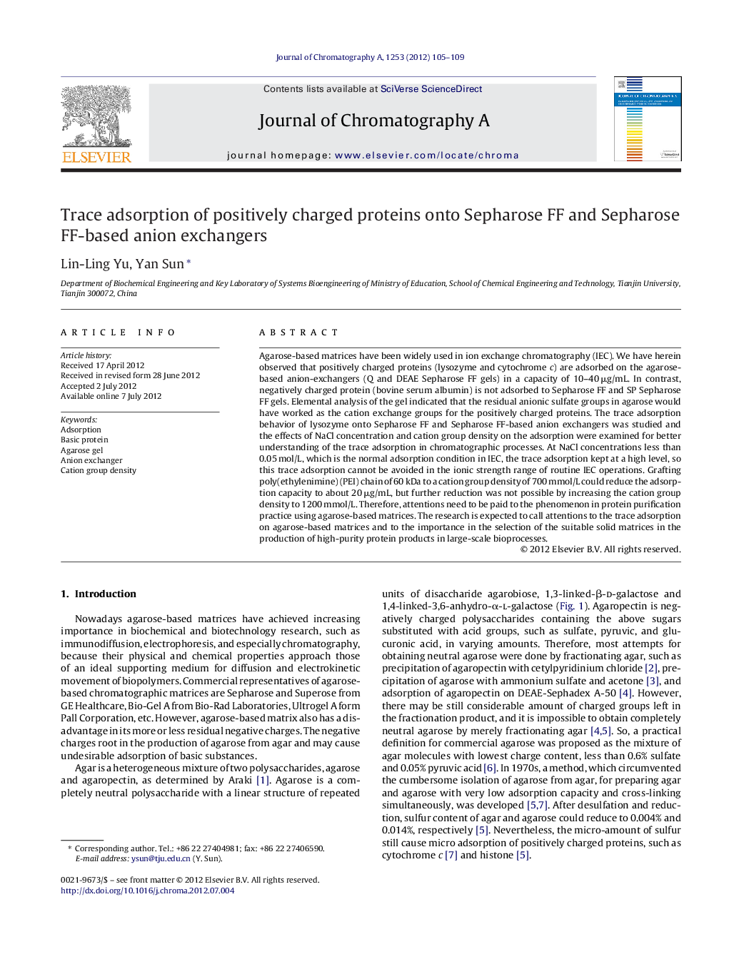 Trace adsorption of positively charged proteins onto Sepharose FF and Sepharose FF-based anion exchangers