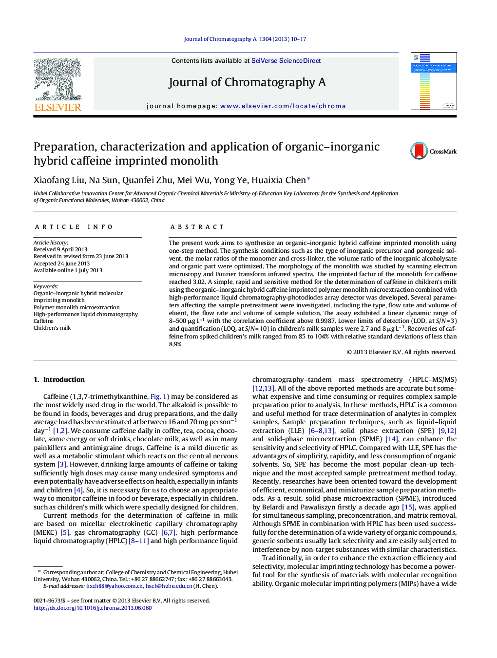 Preparation, characterization and application of organic–inorganic hybrid caffeine imprinted monolith