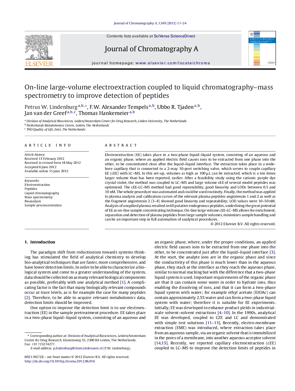 On-line large-volume electroextraction coupled to liquid chromatography–mass spectrometry to improve detection of peptides