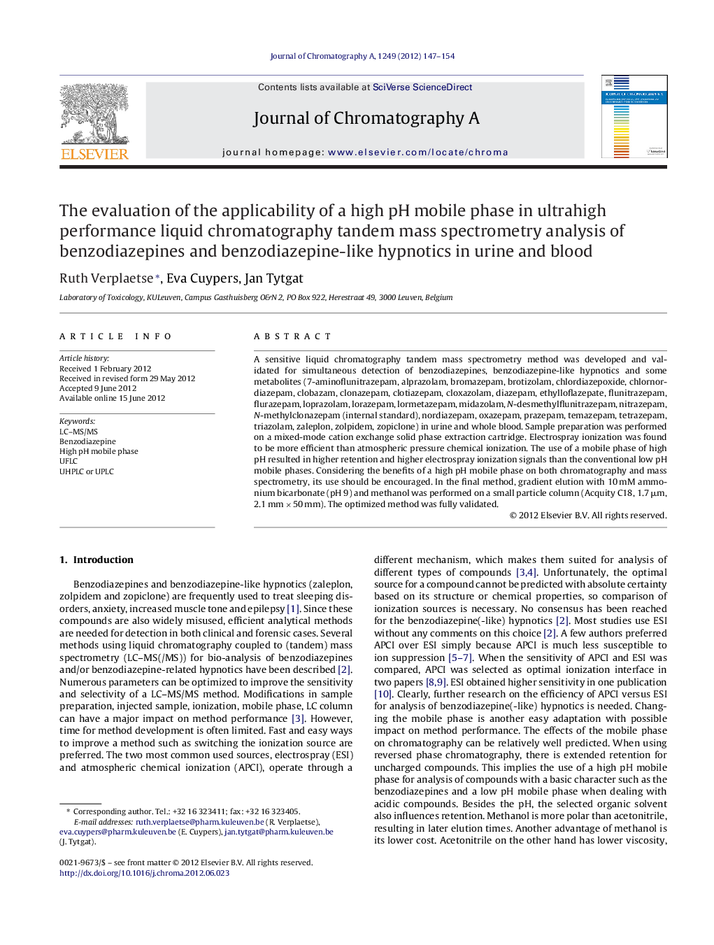 The evaluation of the applicability of a high pH mobile phase in ultrahigh performance liquid chromatography tandem mass spectrometry analysis of benzodiazepines and benzodiazepine-like hypnotics in urine and blood