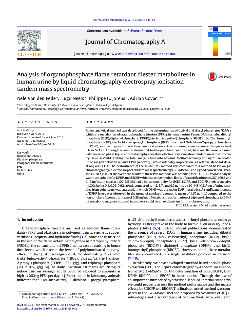 Analysis of organophosphate flame retardant diester metabolites in human urine by liquid chromatography electrospray ionisation tandem mass spectrometry