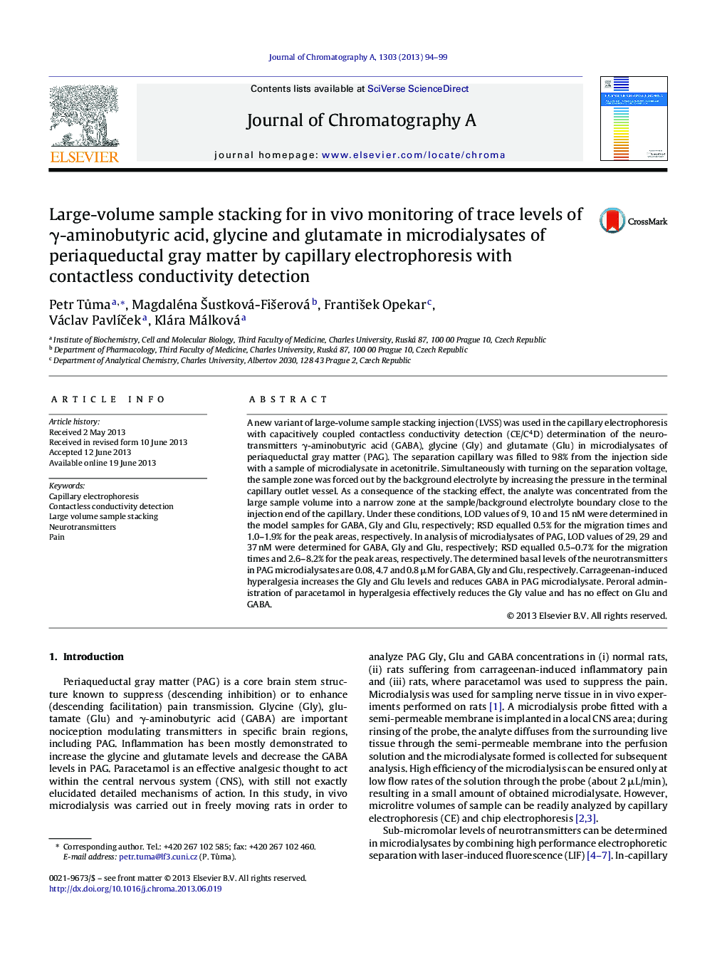 Large-volume sample stacking for in vivo monitoring of trace levels of γ-aminobutyric acid, glycine and glutamate in microdialysates of periaqueductal gray matter by capillary electrophoresis with contactless conductivity detection