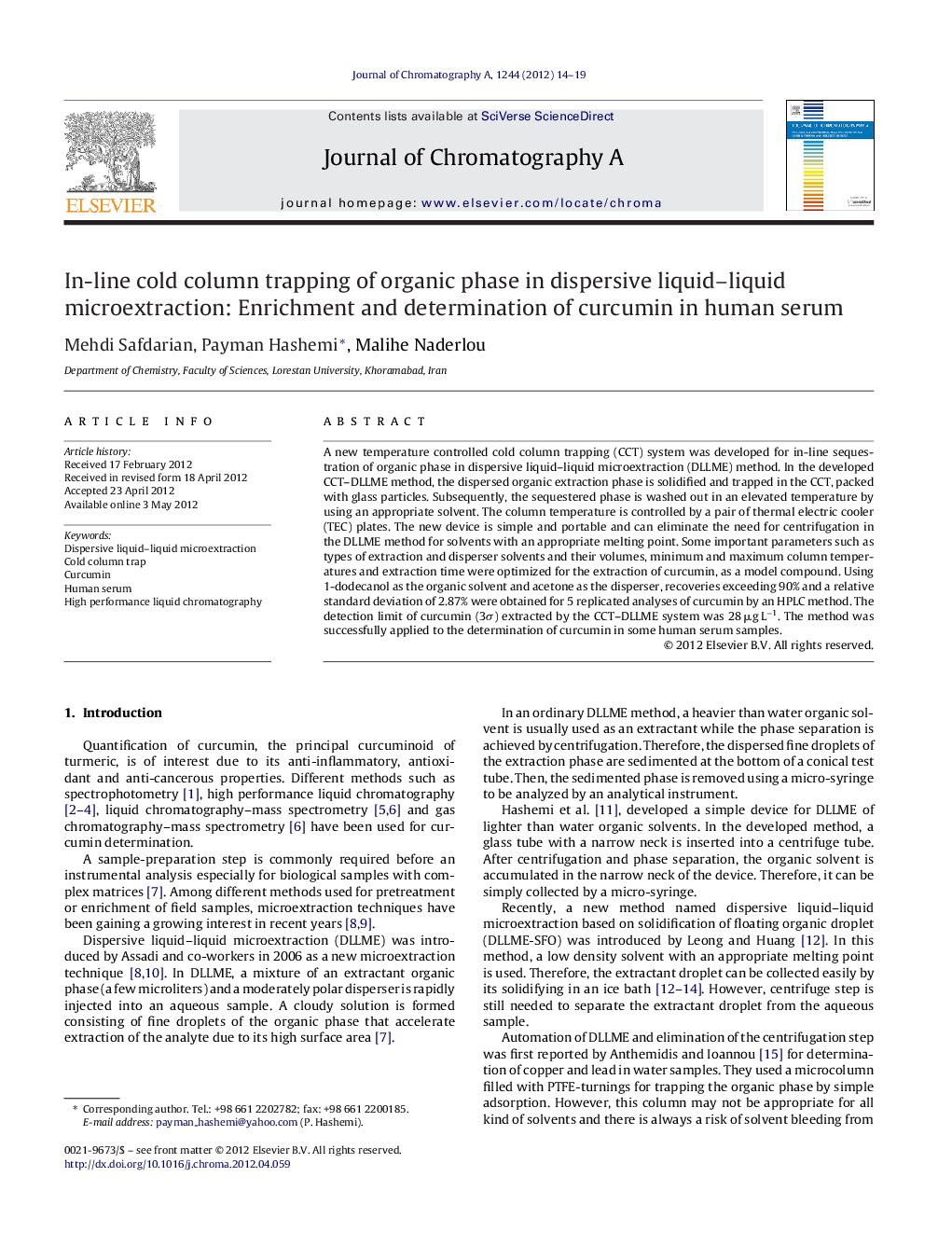 In-line cold column trapping of organic phase in dispersive liquid–liquid microextraction: Enrichment and determination of curcumin in human serum