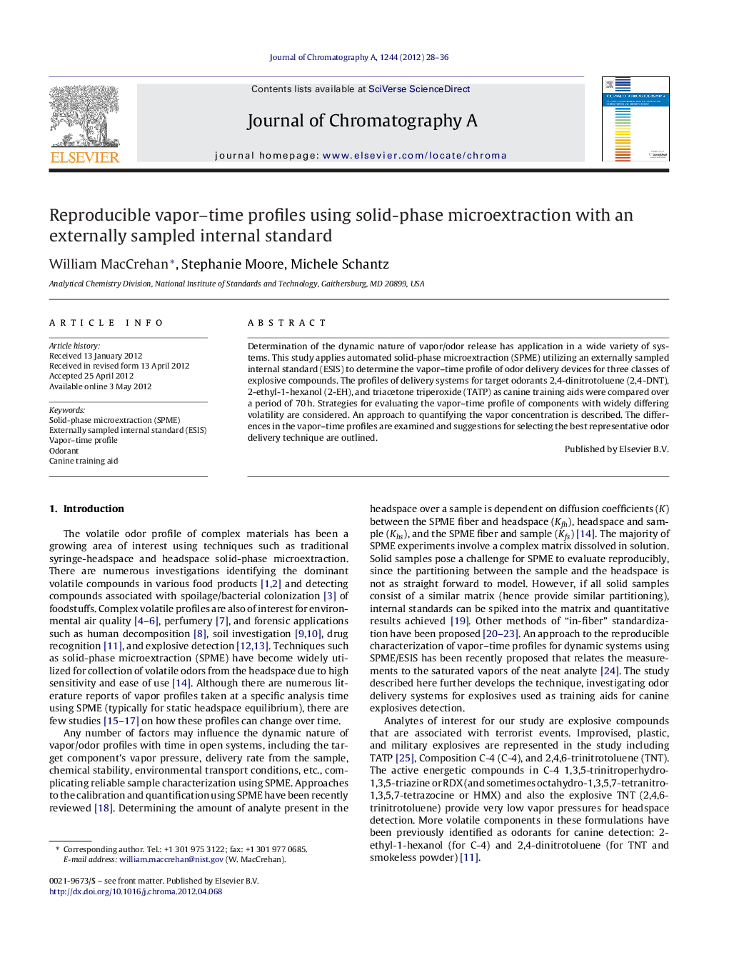 Reproducible vapor–time profiles using solid-phase microextraction with an externally sampled internal standard