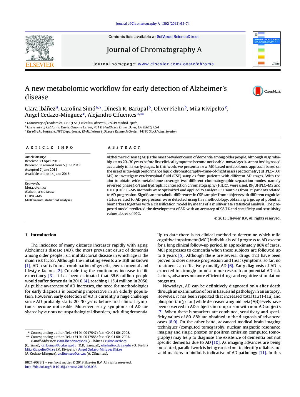 A new metabolomic workflow for early detection of Alzheimer's disease