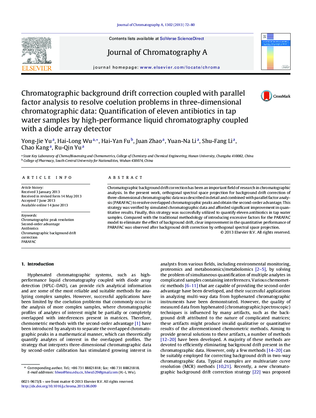 Chromatographic background drift correction coupled with parallel factor analysis to resolve coelution problems in three-dimensional chromatographic data: Quantification of eleven antibiotics in tap water samples by high-performance liquid chromatography 