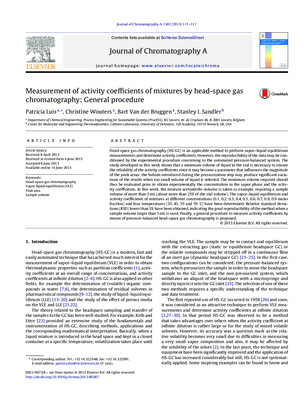 Measurement of activity coefficients of mixtures by head-space gas chromatography: General procedure