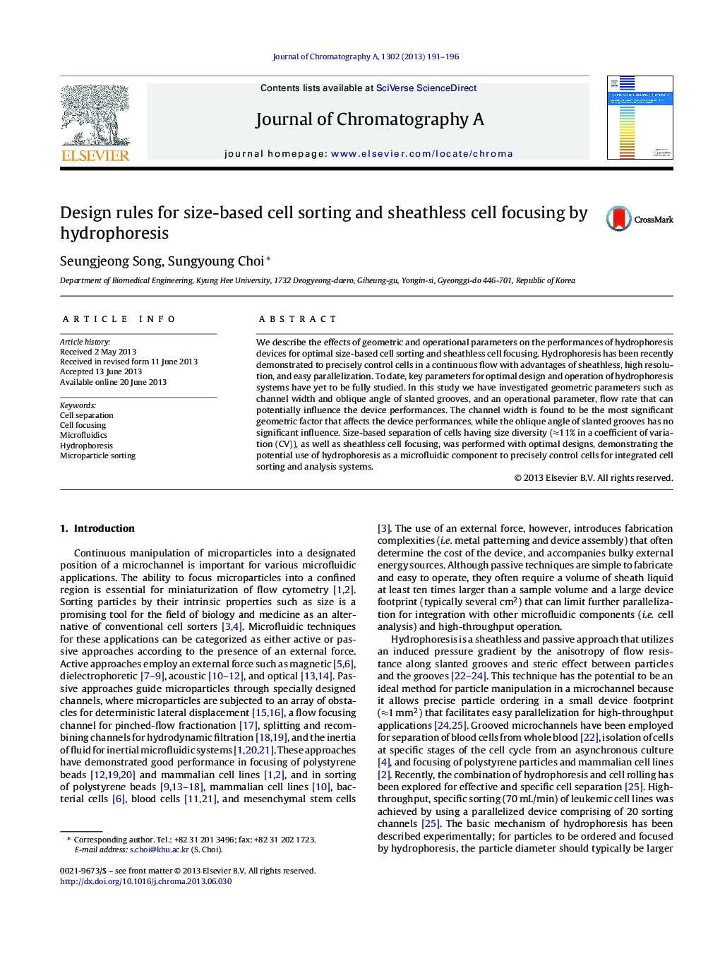 عکس صفحه اول مقاله: Design rules for size-based cell sorting and sheathless cell focusing by hydrophoresis Design rules for size-based cell sorting and sheathless cell focusing by hydrophoresis