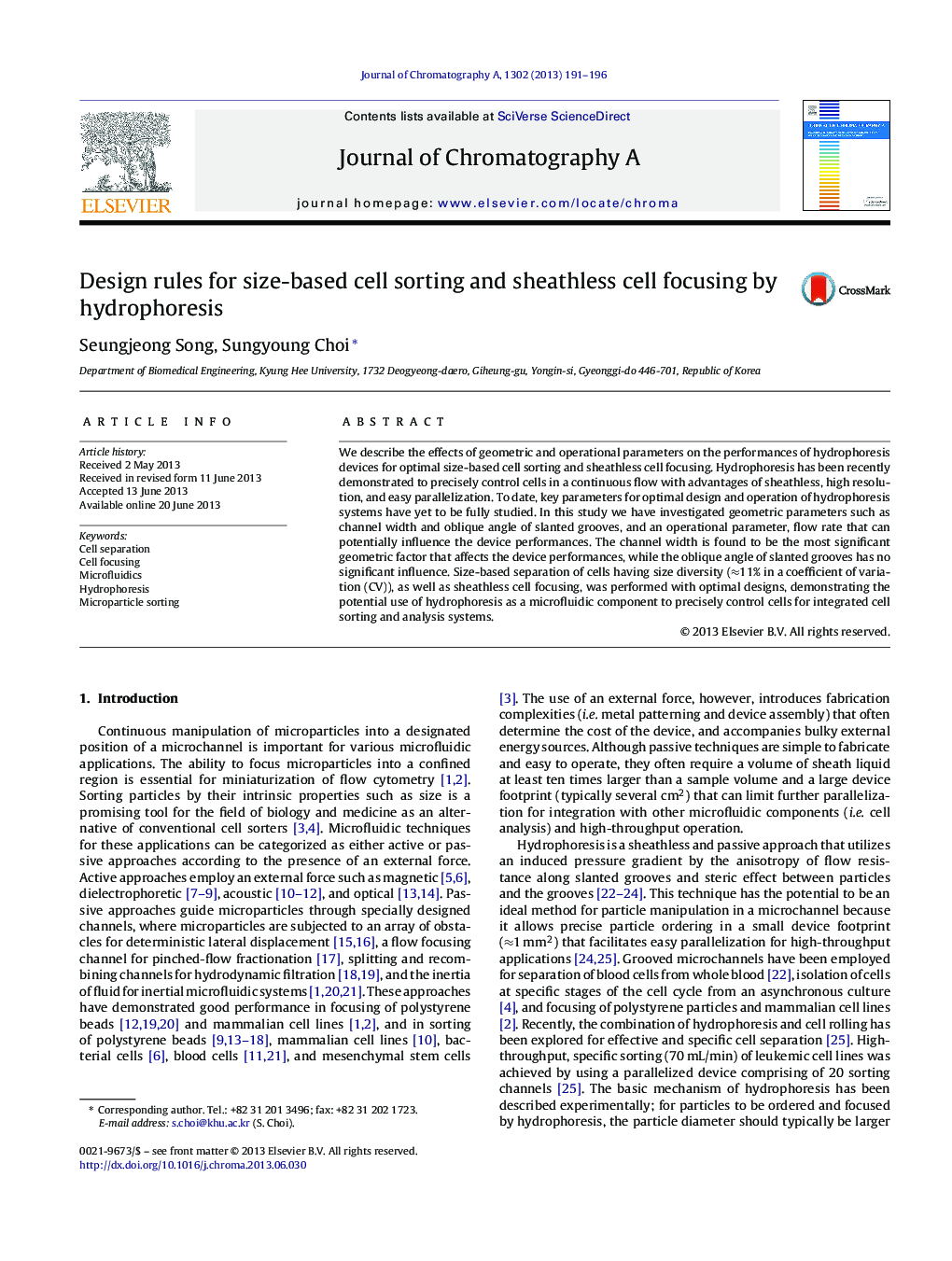 Design rules for size-based cell sorting and sheathless cell focusing by hydrophoresis