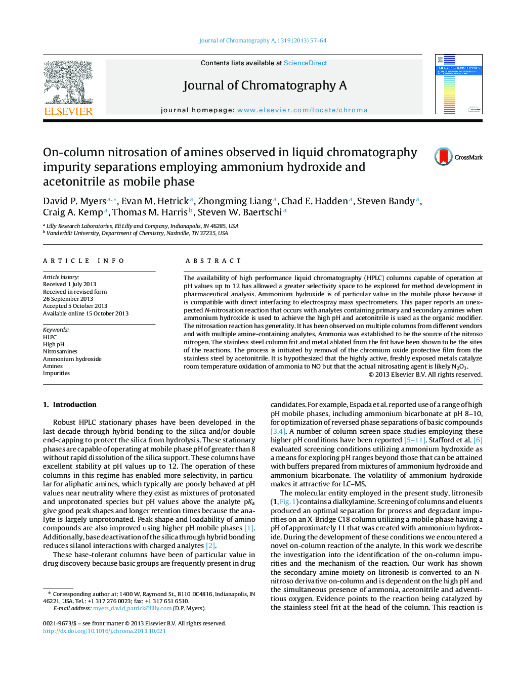 On-column nitrosation of amines observed in liquid chromatography impurity separations employing ammonium hydroxide and acetonitrile as mobile phase