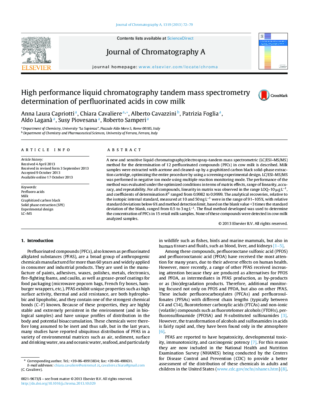 High performance liquid chromatography tandem mass spectrometry determination of perfluorinated acids in cow milk