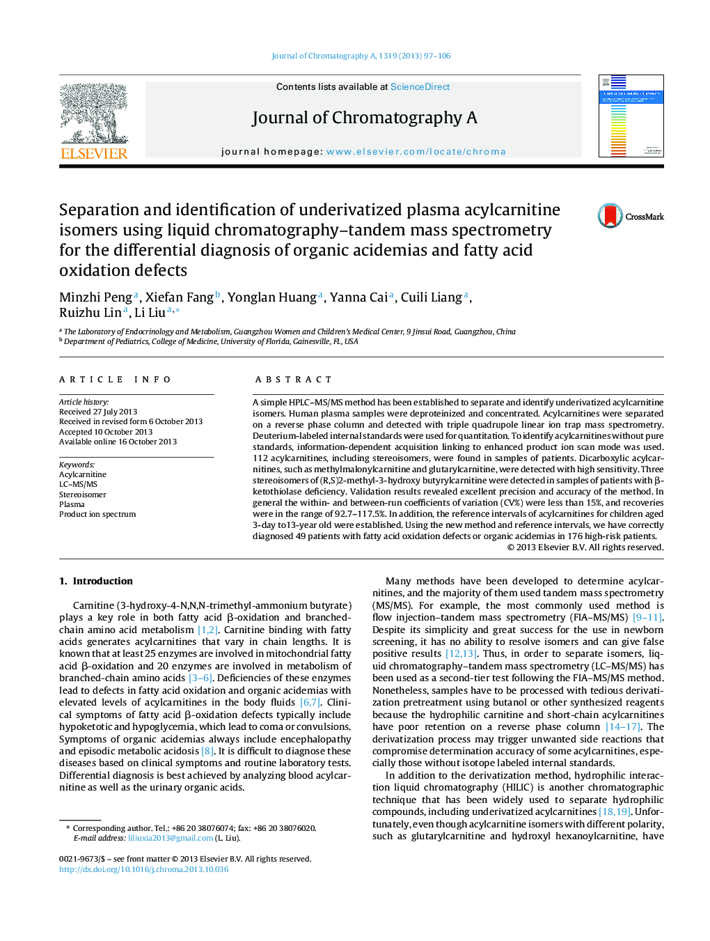 Separation and identification of underivatized plasma acylcarnitine isomers using liquid chromatography–tandem mass spectrometry for the differential diagnosis of organic acidemias and fatty acid oxidation defects