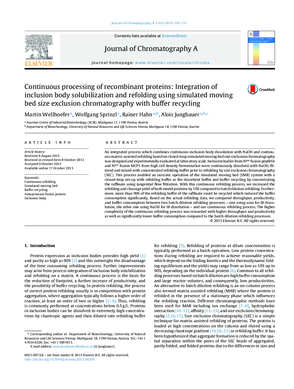 Continuous processing of recombinant proteins: Integration of inclusion body solubilization and refolding using simulated moving bed size exclusion chromatography with buffer recycling