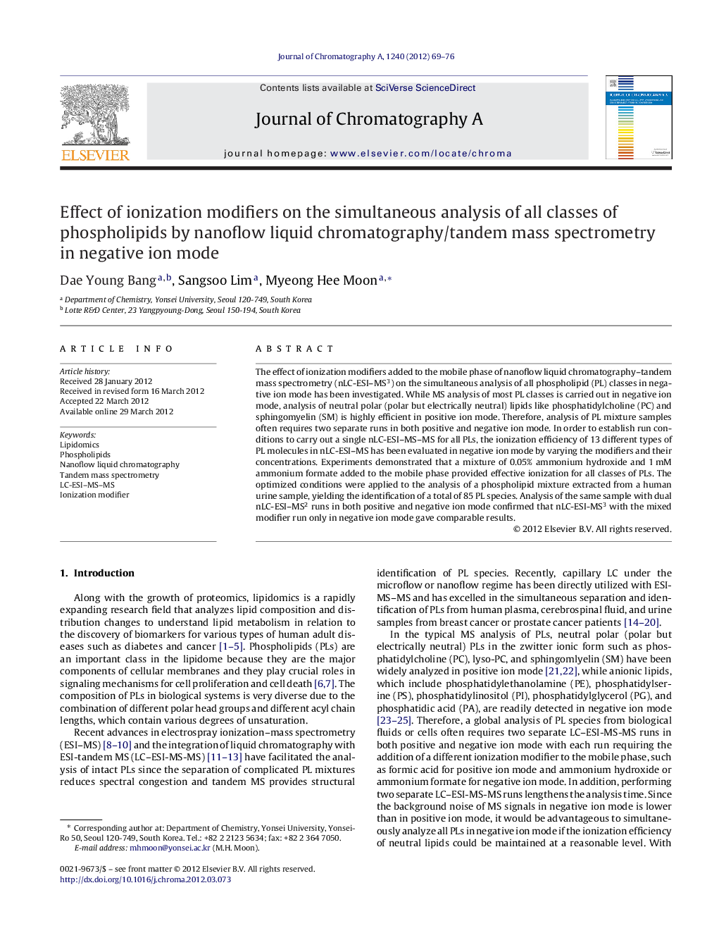 Effect of ionization modifiers on the simultaneous analysis of all classes of phospholipids by nanoflow liquid chromatography/tandem mass spectrometry in negative ion mode