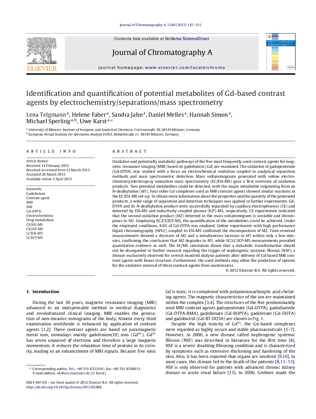 Identification and quantification of potential metabolites of Gd-based contrast agents by electrochemistry/separations/mass spectrometry