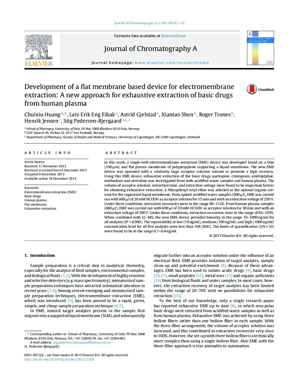 Development of a flat membrane based device for electromembrane extraction: A new approach for exhaustive extraction of basic drugs from human plasma