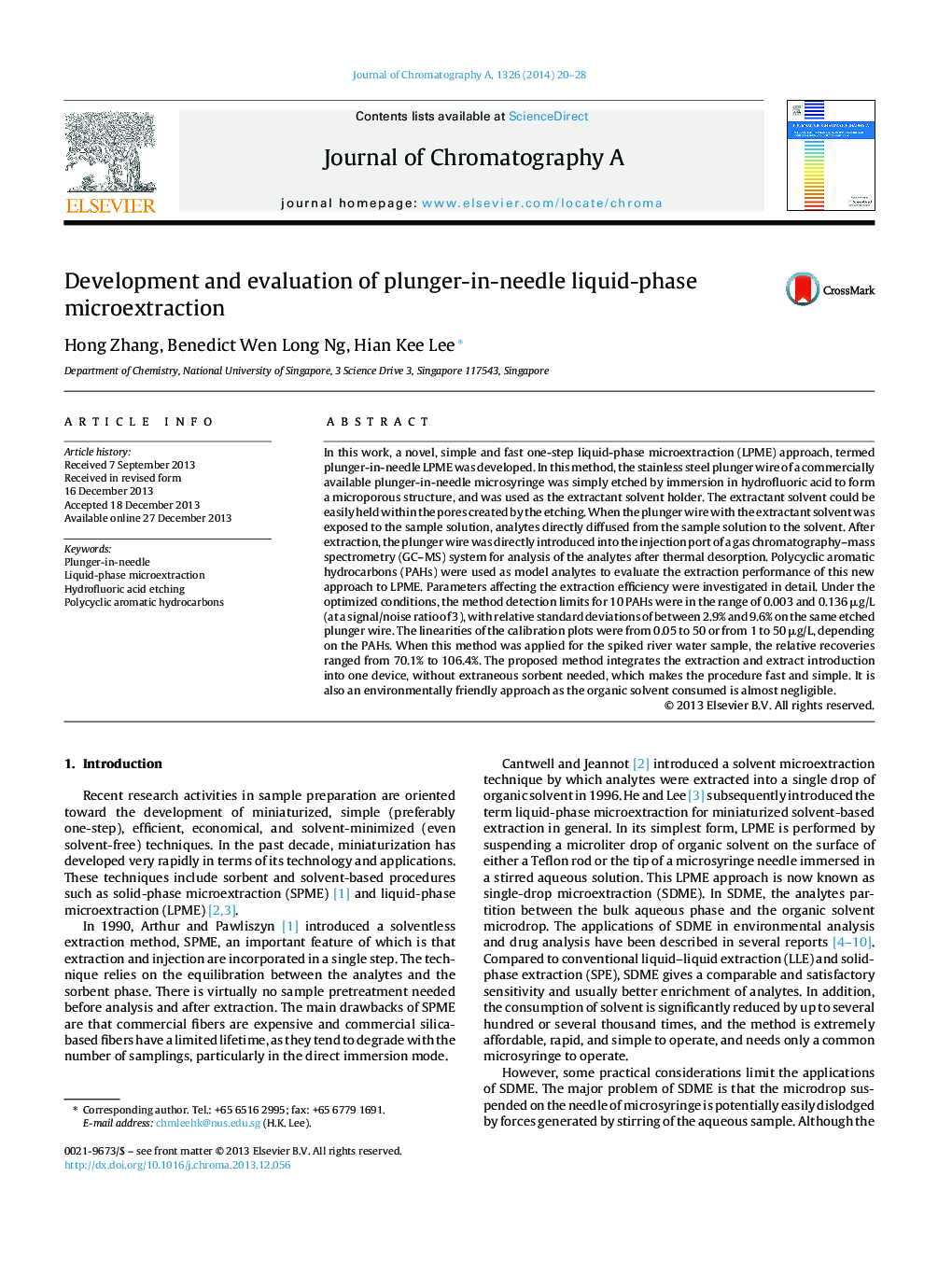 Development and evaluation of plunger-in-needle liquid-phase microextraction