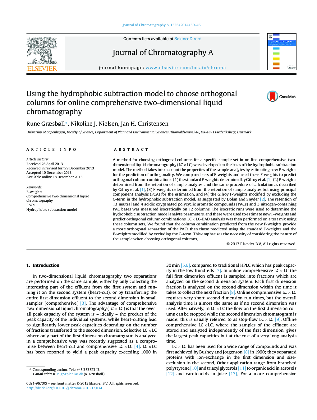 Using the hydrophobic subtraction model to choose orthogonal columns for online comprehensive two-dimensional liquid chromatography