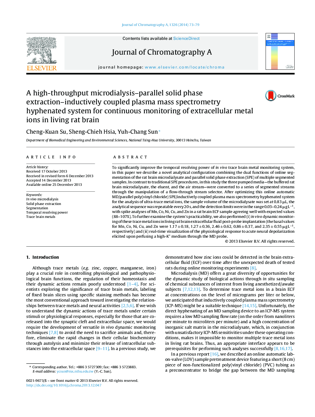 A high-throughput microdialysis–parallel solid phase extraction–inductively coupled plasma mass spectrometry hyphenated system for continuous monitoring of extracellular metal ions in living rat brain