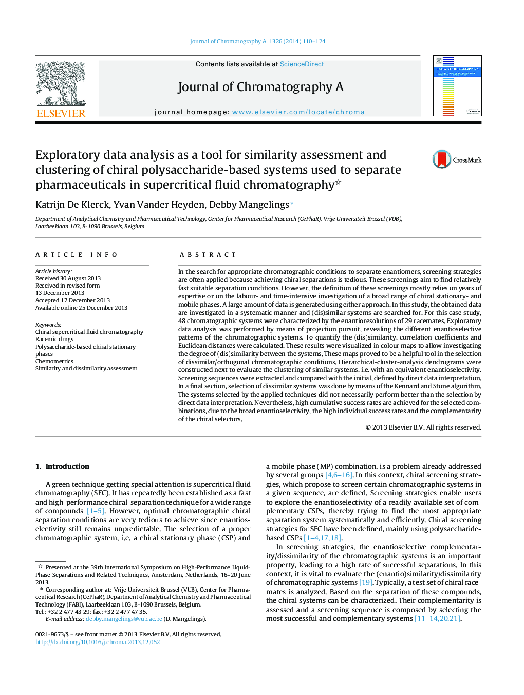 Exploratory data analysis as a tool for similarity assessment and clustering of chiral polysaccharide-based systems used to separate pharmaceuticals in supercritical fluid chromatography 