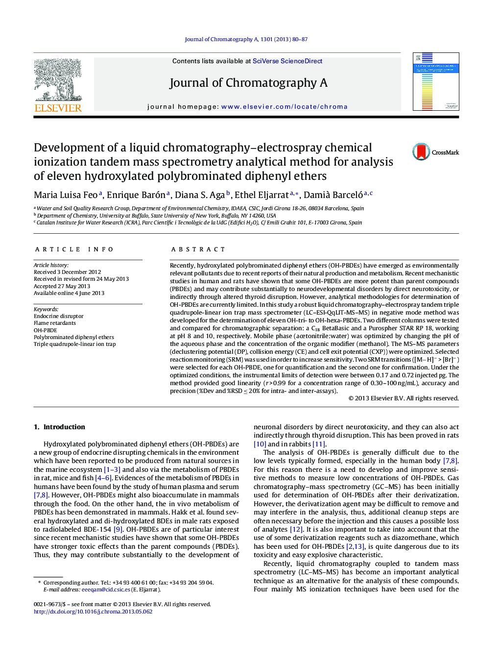 Development of a liquid chromatography–electrospray chemical ionization tandem mass spectrometry analytical method for analysis of eleven hydroxylated polybrominated diphenyl ethers