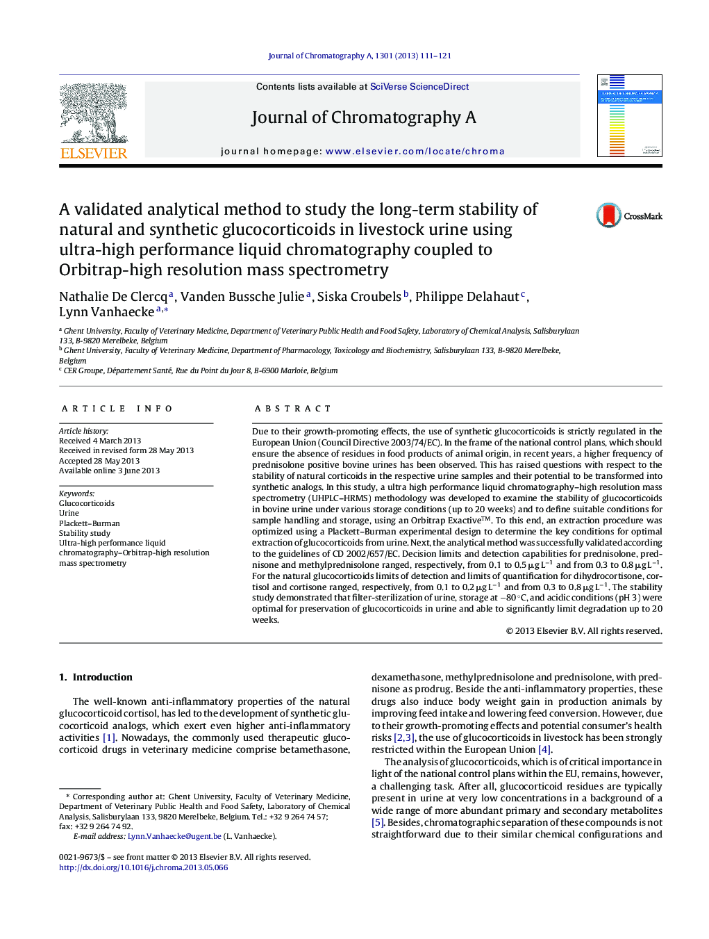 A validated analytical method to study the long-term stability of natural and synthetic glucocorticoids in livestock urine using ultra-high performance liquid chromatography coupled to Orbitrap-high resolution mass spectrometry