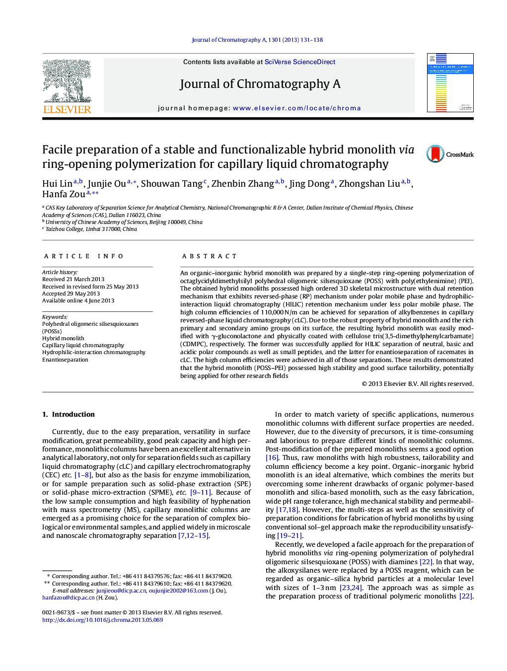 Facile preparation of a stable and functionalizable hybrid monolith via ring-opening polymerization for capillary liquid chromatography