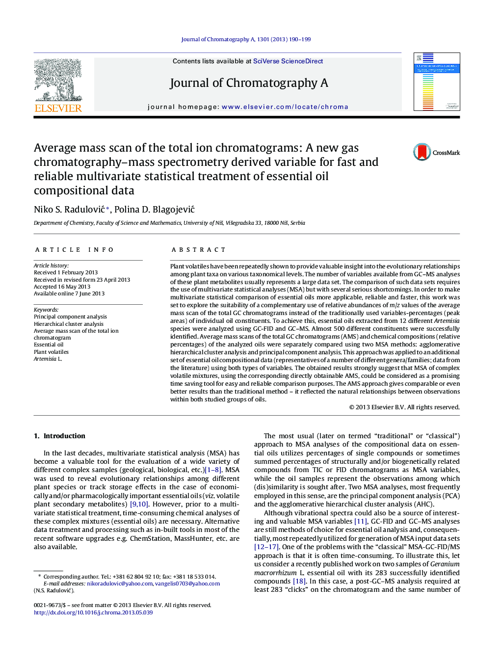 Average mass scan of the total ion chromatograms: A new gas chromatography–mass spectrometry derived variable for fast and reliable multivariate statistical treatment of essential oil compositional data