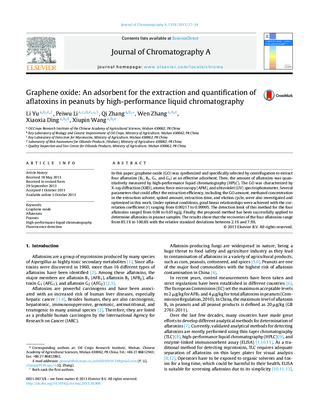 Graphene oxide: An adsorbent for the extraction and quantification of aflatoxins in peanuts by high-performance liquid chromatography