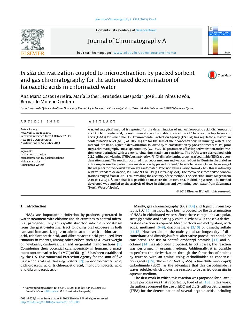 In situ derivatization coupled to microextraction by packed sorbent and gas chromatography for the automated determination of haloacetic acids in chlorinated water