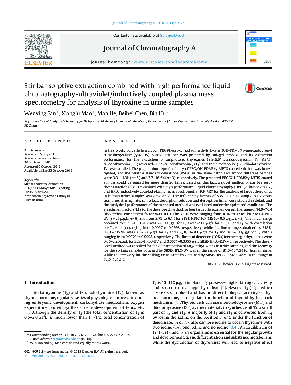 Stir bar sorptive extraction combined with high performance liquid chromatography-ultraviolet/inductively coupled plasma mass spectrometry for analysis of thyroxine in urine samples