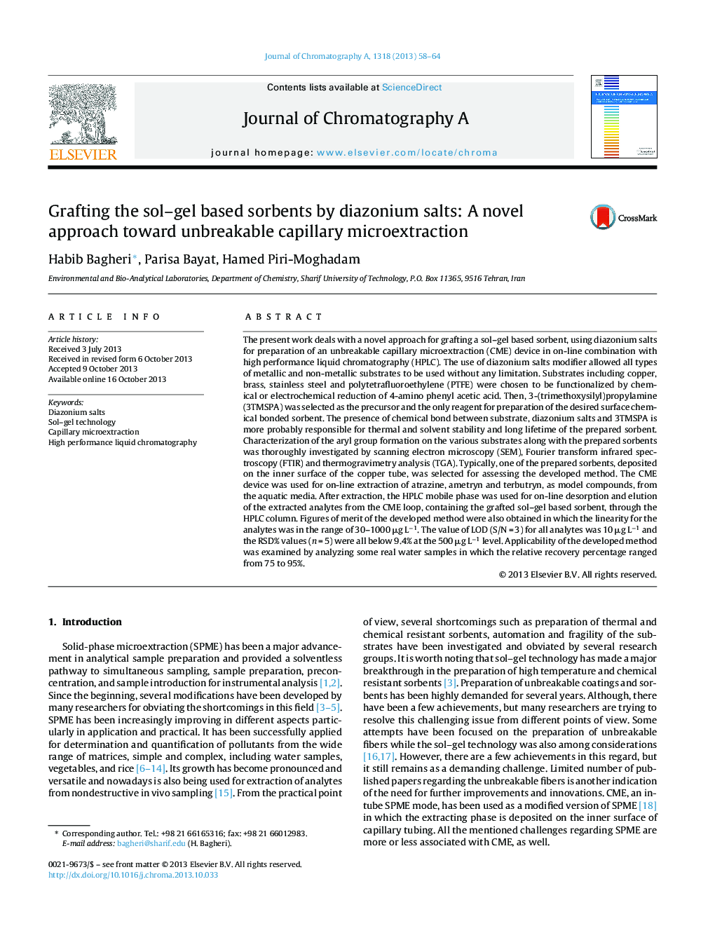 Grafting the sol–gel based sorbents by diazonium salts: A novel approach toward unbreakable capillary microextraction