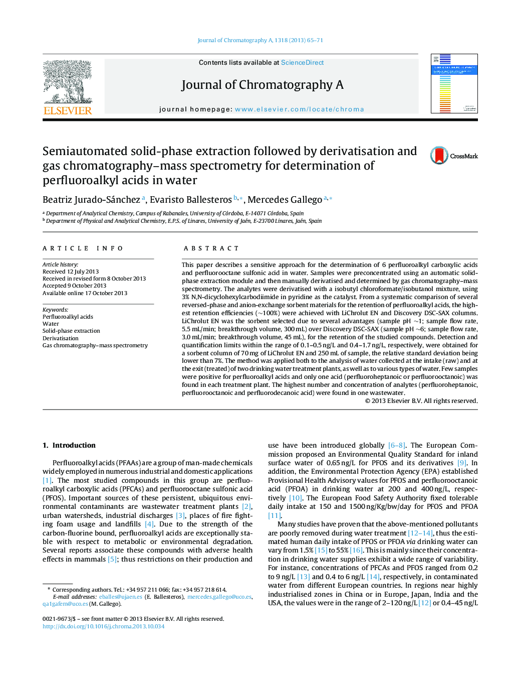 Semiautomated solid-phase extraction followed by derivatisation and gas chromatography–mass spectrometry for determination of perfluoroalkyl acids in water