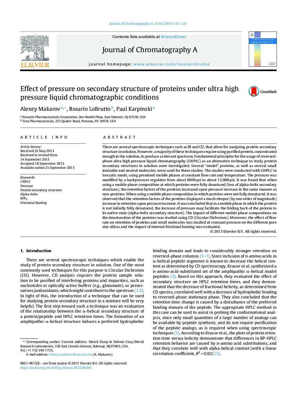 Effect of pressure on secondary structure of proteins under ultra high pressure liquid chromatographic conditions