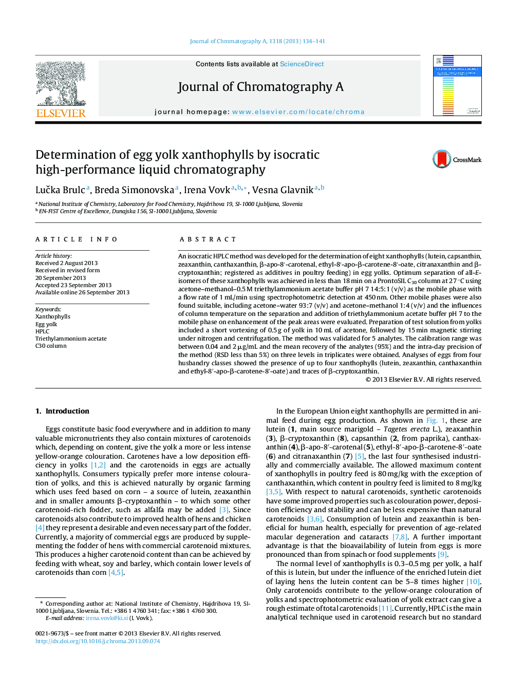 Determination of egg yolk xanthophylls by isocratic high-performance liquid chromatography