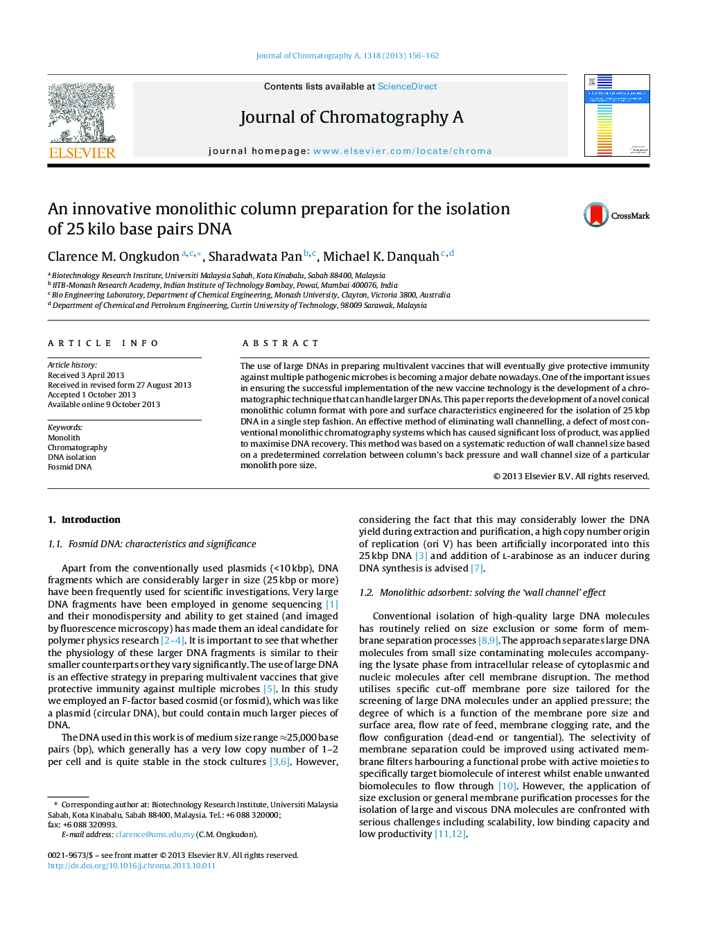 An innovative monolithic column preparation for the isolation of 25 kilo base pairs DNA