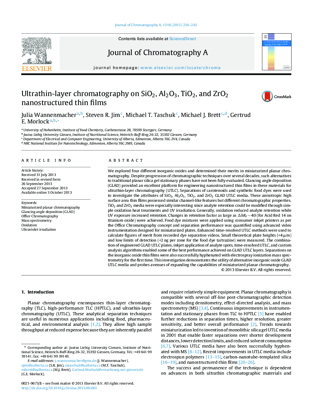 Ultrathin-layer chromatography on SiO2, Al2O3, TiO2, and ZrO2 nanostructured thin films