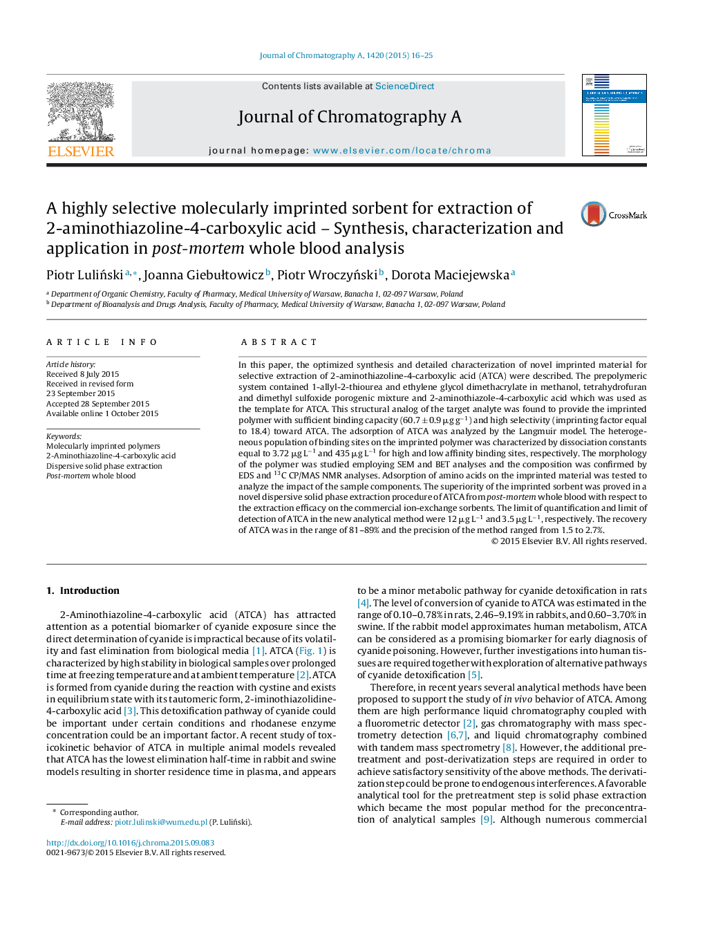 A highly selective molecularly imprinted sorbent for extraction of 2-aminothiazoline-4-carboxylic acid - Synthesis, characterization and application in post-mortem whole blood analysis