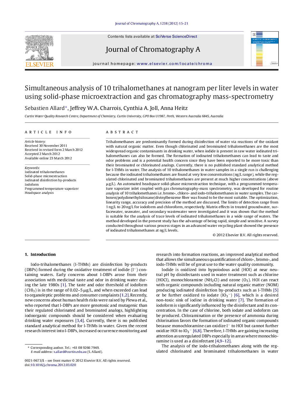 Simultaneous analysis of 10 trihalomethanes at nanogram per liter levels in water using solid-phase microextraction and gas chromatography mass-spectrometry