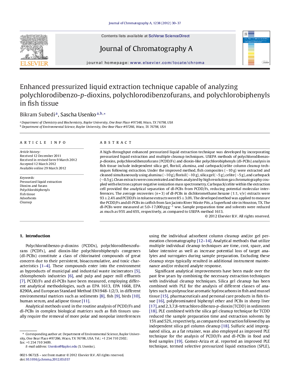 Enhanced pressurized liquid extraction technique capable of analyzing polychlorodibenzo-p-dioxins, polychlorodibenzofurans, and polychlorobiphenyls in fish tissue