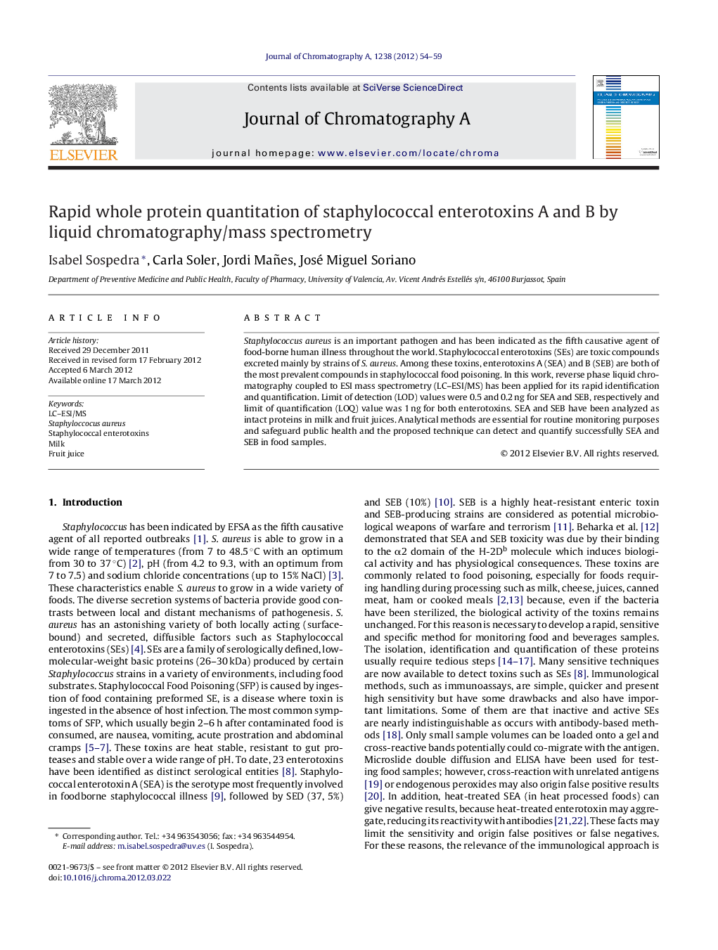 Rapid whole protein quantitation of staphylococcal enterotoxins A and B by liquid chromatography/mass spectrometry